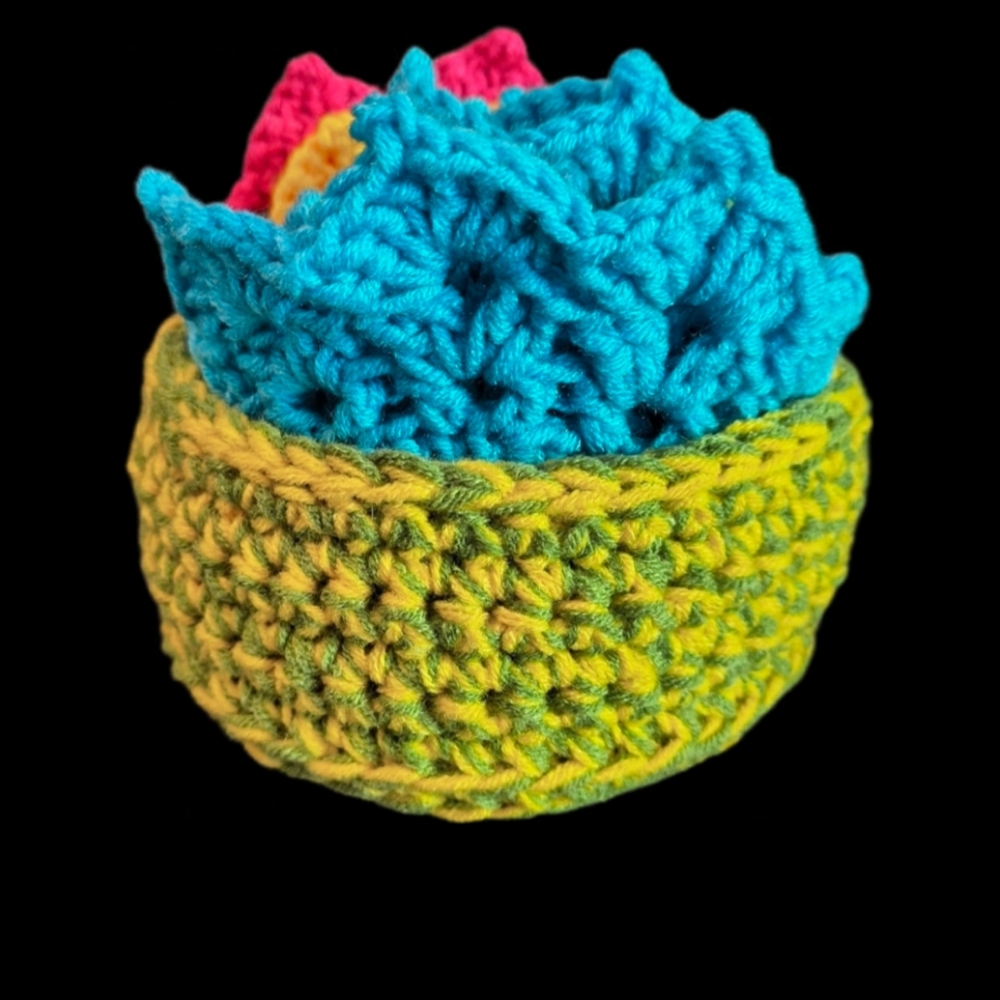 Hand Crafted Crochet Basket with Colorful Coasters